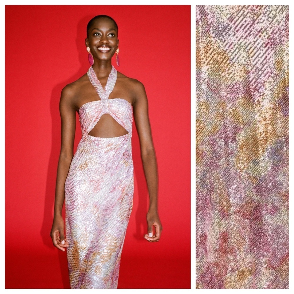 NWT. Zara Pinks Sequin Halter Neck Midi Dress with Knot. Size XL.